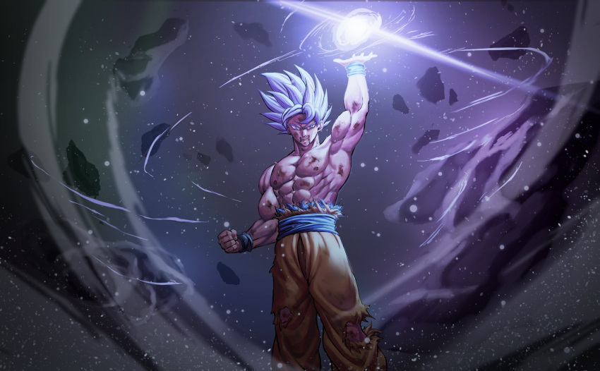 1boy abs arm_up bangs clenched_hand commentary dragon_ball energy_ball floating_hair highres male_focus muscular muscular_male open_mouth orange_pants pants rock sash scrape shirtless solo son_goku soy_chicken spiked_hair teeth torn_clothes torn_pants white_hair wristband