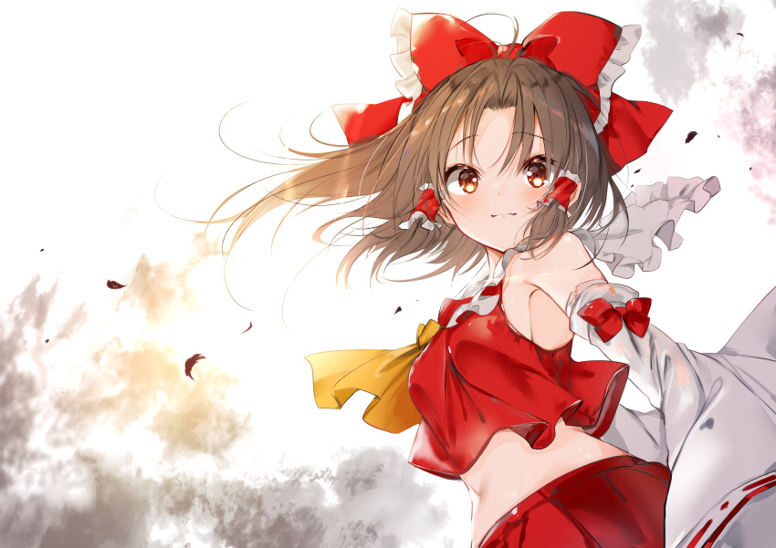 1girl absurdres ascot bow breasts brown_eyes brown_hair closed_mouth crop_top detached_sleeves floating_hair hair_bow hair_tubes hakurei_reimu highres light_smile long_hair long_sleeves looking_at_viewer medium_breasts midriff red_bow red_skirt red_vest ribbon-trimmed_sleeves ribbon_trim sidelocks skirt skirt_set solo touhou umino_mizu vest white_background wide_sleeves wind yellow_neckwear