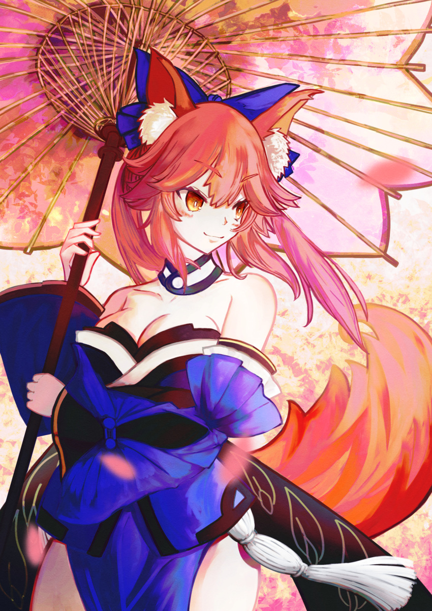 1girl absurdres animal_ear_fluff animal_ears bare_shoulders blue_kimono blue_ribbon blush breasts cleavage collarbone detached_sleeves eyebrows_visible_through_hair fate/extella fate/extra fate/extra_ccc fate/grand_order fate_(series) fox_ears fox_girl fox_tail hair_ribbon highres japanese_clothes kimono large_breasts looking_to_the_side parasol pink_hair ribbon solo tail tamamo_(fate)_(all) tamamo_no_mae_(fate) umbrella yellow_eyes yuga-kusakata