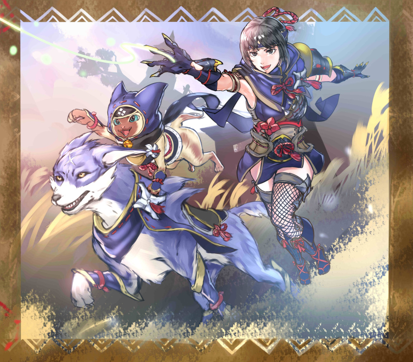 1girl absurdres ahoge animal animal_hood armor armpits bangs black_hair breasts canyne cat cat_hood dog felyne gloves hair_between_eyes headband highres hood japanese_clothes kamura_(armor) kyuuakaku looking_at_viewer monster_hunter_(series) monster_hunter_rise short_hair simple_background smile sword thighhighs weapon