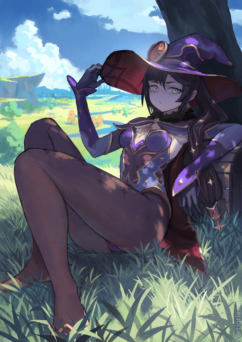 1girl absurdres armpits bangs black_hair blue_leotard blue_sky breasts cape cloud cloudy_sky detached_sleeves english_commentary genshin_impact gloves grass green_eyes hand_up hat hat_ornament highleg highleg_leotard highres leaning_back legs legs_together leotard looking_at_viewer mona_(genshin_impact) outdoors pantyhose purple_headwear shadow sidelocks sitting sky small_breasts solo star_(symbol) star_print thighs twintails vertigris watermark web_address witch_hat wizard_hat