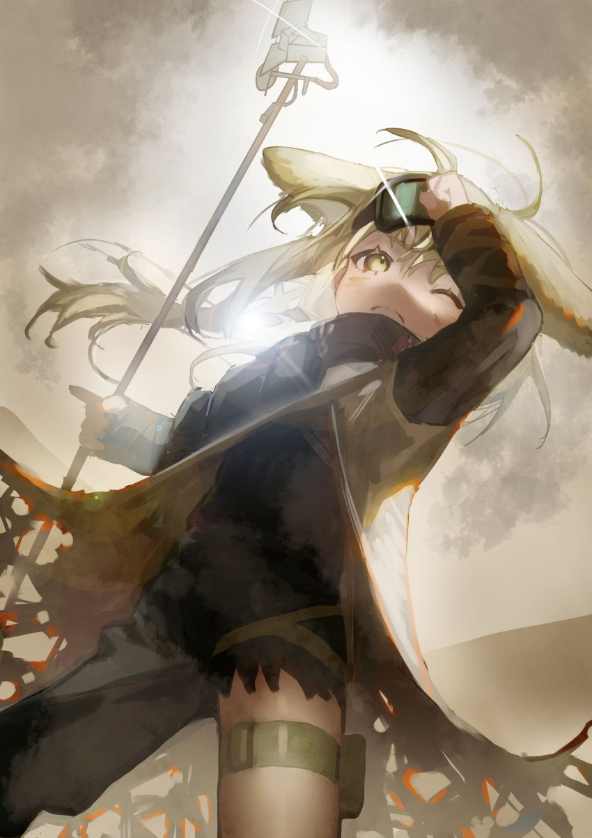 1girl absurdres animal_ears arknights asymmetrical_pants bangs bird black_scarf blonde_hair commentary_request eyewear_on_head fox_ears fox_girl goggles goggles_on_head highres holding holding_staff kyuubi long_hair long_sleeves multiple_tails official_alternate_costume outdoors scarf solo staff suzuran_(arknights) suzuran_(lostlands_flowering)_(arknights) tail tanuka_(tnk0150) thigh_strap tunic yellow_eyes