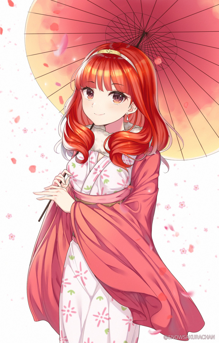 1girl alternate_costume blurry celica_(fire_emblem) cherry_blossoms depth_of_field earrings fire_emblem fire_emblem_echoes:_shadows_of_valentia flower fur_collar highres holding holding_umbrella japanese_clothes jewelry kimono long_hair long_sleeves looking_at_viewer obi oil-paper_umbrella parasol petals red_eyes red_hair sash smile snowsakurachan solo twitter_username umbrella white_background white_kimono wide_sleeves