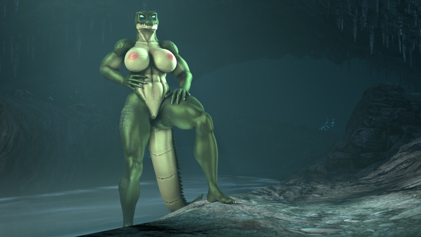 3d_(artwork) 5_fingers 5_toes absurd_res anthro blue_eyes blue_light blue_lights breasts cave crocodile crocodile_(petruz) crocodilian crocodylid dark digital_media_(artwork) feet female fingers green_body hi_res invalid_background liberarsi muscular muscular_female petruz_(copyright) reptile scalie solo source_filmmaker standing_in_water standing_position toes water