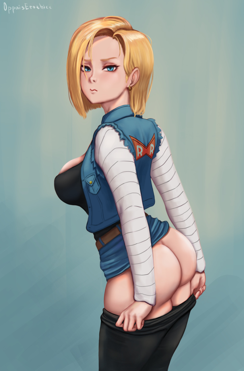 1girl android_18 ass asymmetrical_hair black_legwear blonde_hair blue_eyes breasts clothes_pull denim denim_jacket denim_skirt dragon_ball dragon_ball_z earrings forehead from_behind highres jewelry large_breasts legs_together long_sleeves looking_back miniskirt no_panties oppaiserothicc pantyhose pantyhose_pull red_ribbon_army short_hair skirt skirt_lift slender_waist solo standing thick_thighs thighs undressing