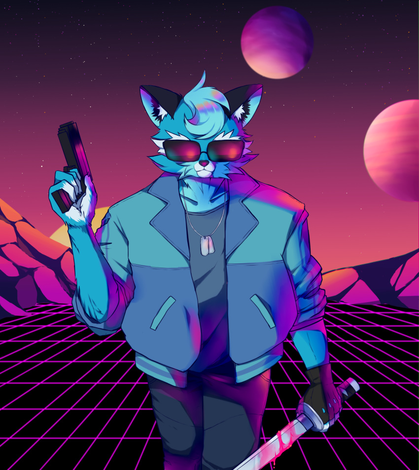 anonymous_artist anthro blood bodily_fluids clothed clothing eyewear hi_res male melee_weapon night night_sky outrun outside planet ranged_weapon solo sunglasses sword weapon