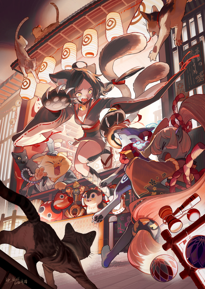 &gt;_&lt; 2girls ahoge animal animal_nose bell black_hair black_kimono blue_skin breasts cat cat_girl claws cleavage colored_skin commentary_request fangs fleeing furry high_ponytail highres japanese_clothes jingle_bell kimono lantern long_hair low-tied_long_hair luo_er medium_breasts multiple_girls obi original paws pointy_ears sash scared short_kimono slit_pupils surrounded too_many too_many_cats very_long_hair whiskers wide_sleeves yellow_eyes