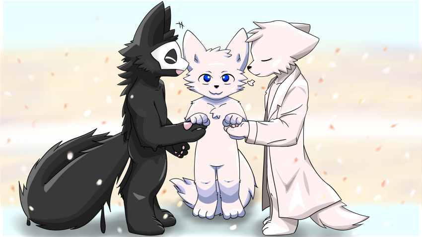 16:9 3_toes 4_fingers ambiguous_gender anthro black_body black_fur blue_eyes canid canine canis changed_(video_game) clothing coat confetti dr._k_(changed) eyes_closed feet fingers fur group hand_holding hi_res lab_coat lankaowo lin_(changed) male mammal nude open_mouth pensive puro_(changed) simple_background smile toes topwear wet white_background white_body white_fur widescreen wolf