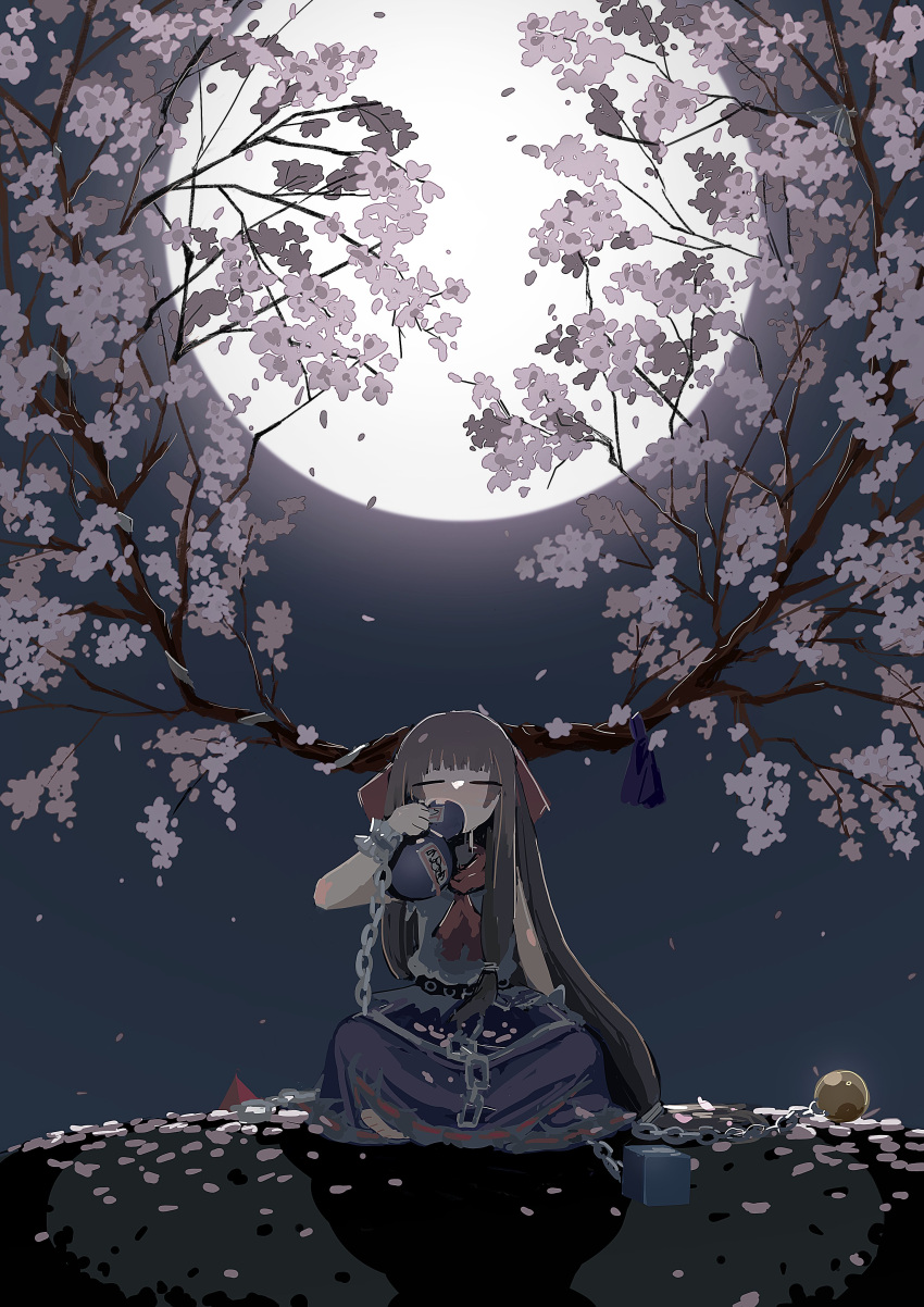 absurdres bangs belt blue_bow blue_skirt bow branch brown_hair chain cherry_blossoms closed_eyes cube drinking gourd highres horn_bow horn_ornament horn_ribbon horns ibuki_suika ichinose_(kurui96) long_hair low-tied_long_hair moon neckerchief oni pyramid_(geometry) red_bow red_neckwear ribbon shirt sidelocks skirt sleeveless sleeveless_shirt sphere star_(sky) torn_clothes torn_sleeves touhou very_long_hair white_shirt wrist_cuffs