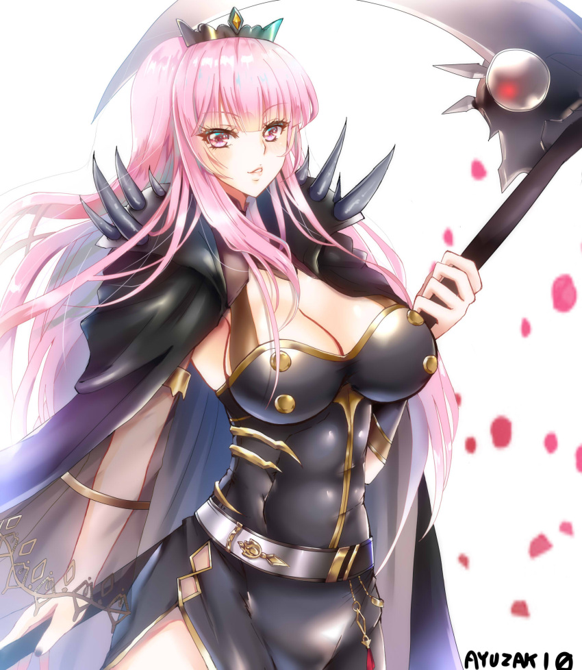 1girl black_nails breasts cleavage cloak cowboy_shot highres holding holding_scythe hololive hololive_english large_breasts long_hair looking_at_viewer mori_calliope pink_eyes pink_hair scythe shoulder_spikes smile solo spikes tiara veil virtual_youtuber wpdh4443