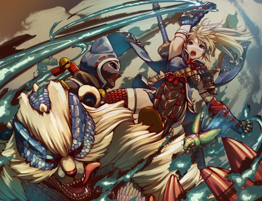 1girl 2others armor bangs blush breasts canyne cat dog eyebrows_visible_through_hair fangs felyne gloves hair_between_eyes headband japanese_clothes kamura_(armor) kanrinin_(gyfp4747) long_hair looking_at_viewer monster_hunter_(series) monster_hunter_rise multiple_others ponytail riding short_hair simple_background sword thighhighs weapon weapon_on_back white_hair wolf