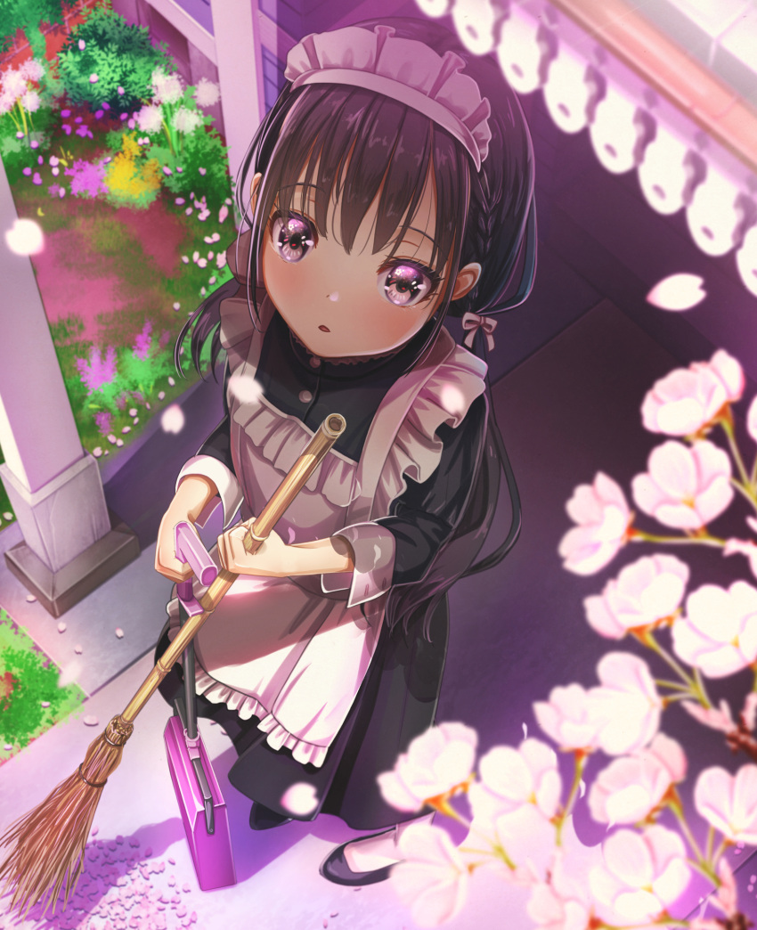 1girl abo_(kawatasyunnnosukesabu) apron bamboo_broom black_hair blurry blurry_foreground braid broom cherry_blossoms commentary depth_of_field french_braid highres holding long_hair looking_at_viewer looking_up maid maid_apron maid_headdress original petals solo twintails