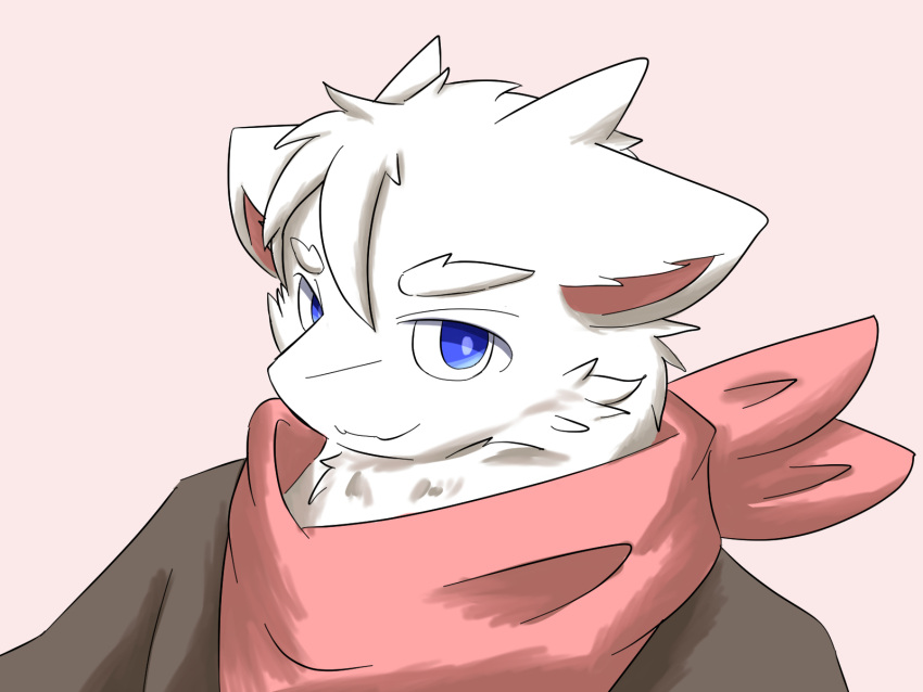 anthro blue_eyes clothed clothing dragon dragontim_(character) fur furred_dragon hi_res looking_at_viewer male pink_background simple_background solo whip_collar white_background white_body white_fur