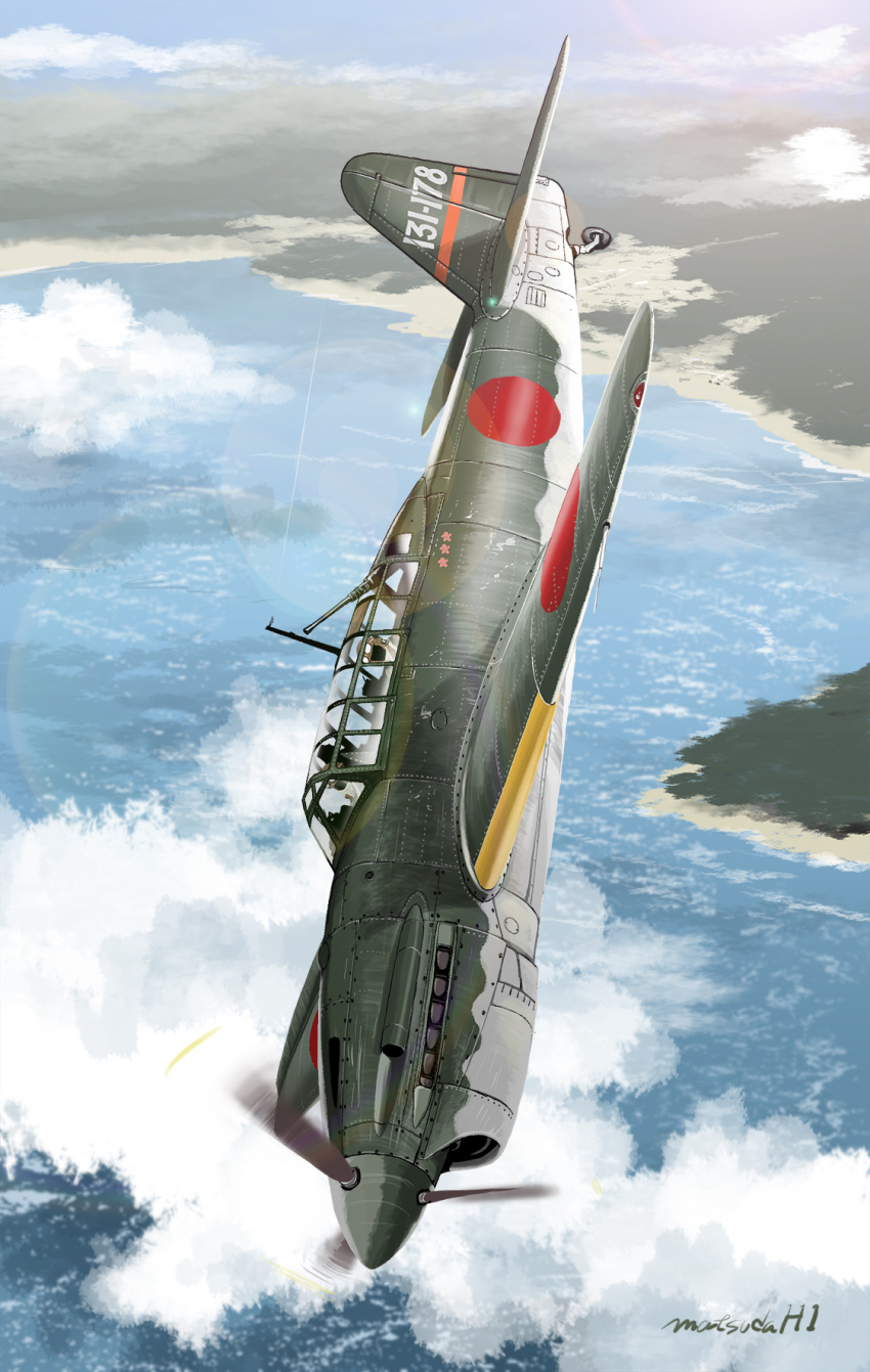 2boys aircraft cloud d4y_suisei flying gun highres imperial_japanese_army imperial_japanese_navy island machine_gun matsuda_juukou military multiple_boys ocean original pilot pilot_helmet propeller roundel signature sky traditional_media vehicle_focus weapon world_war_ii