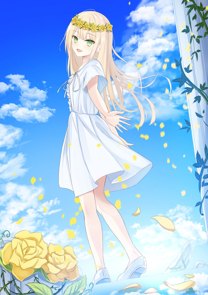 1girl :d bangs blonde_hair blue_sky blush center_frills cloud cloudy_sky column dress facing_away floating_hair flower frills from_behind full_body green_eyes head_wreath highres ivy leaf leaves_in_wind long_hair looking_at_viewer open_hand open_mouth original outstretched_arm pillar senri_(senri_sen) shoes short_sleeves sky smile solo walking white_dress white_footwear wind