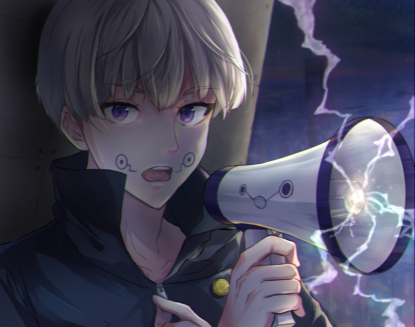 1boy bangs black_jacket facial_tattoo gakuran high_collar highres holding holding_megaphone inumaki_toge jacket jujutsu_kaisen looking_at_viewer magic male_focus megaphone open_mouth purple_eyes school_uniform senzaki_(piyopiyobird5) short_hair silver_hair solo tattoo tongue_tattoo upper_body