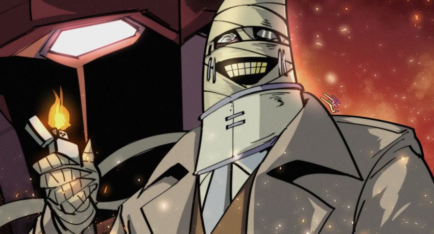 1boy bandaged_arm bandaged_head bandages big_duo fire glowing grin highres jazz_jack lighter looking_at_viewer mecha monocle neck_brace parted_lips schwarzwald smile solo teeth the_big_o