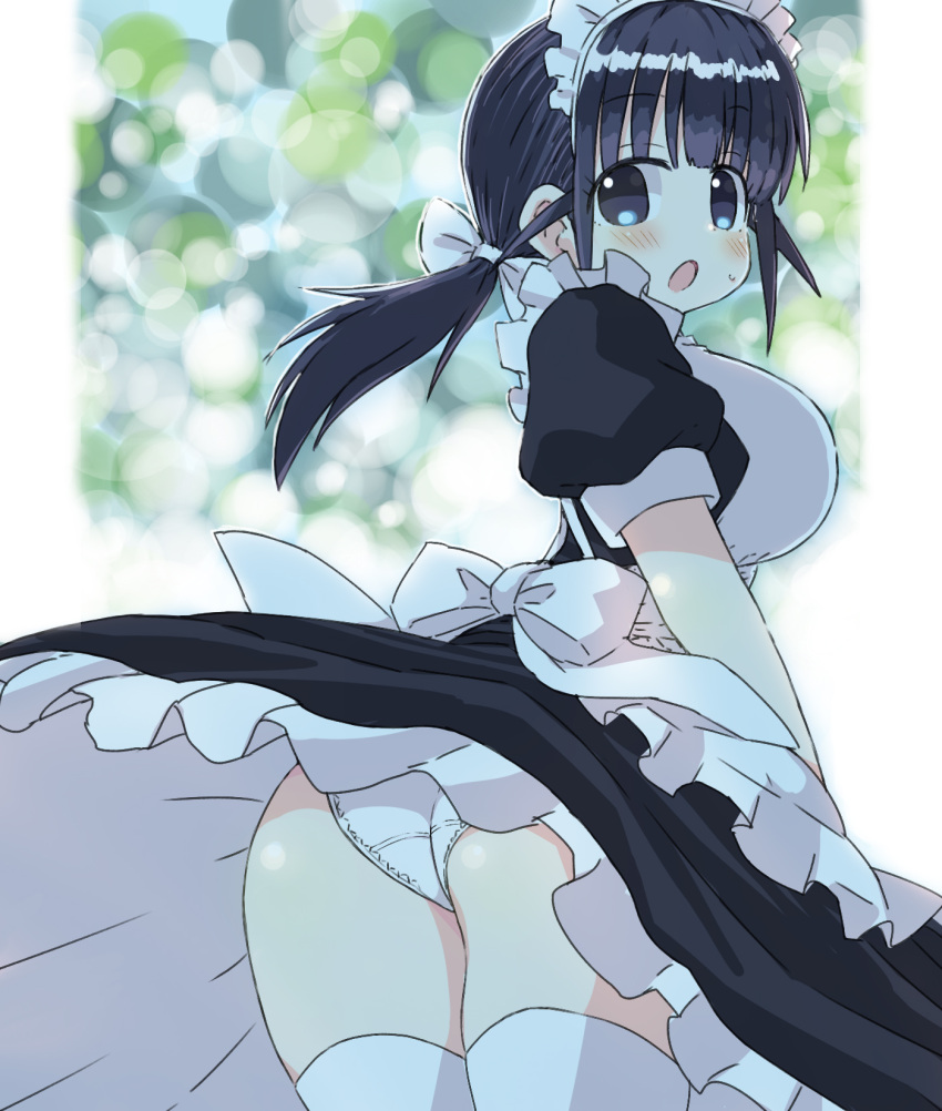 1girl :o apron ass black_eyes black_hair blurry blurry_background blush breasts highres large_breasts maid maid_apron maid_headdress naitou_kouse original panties ponytail puffy_short_sleeves puffy_sleeves short_sleeves solo thighhighs underwear white_legwear wind wind_lift