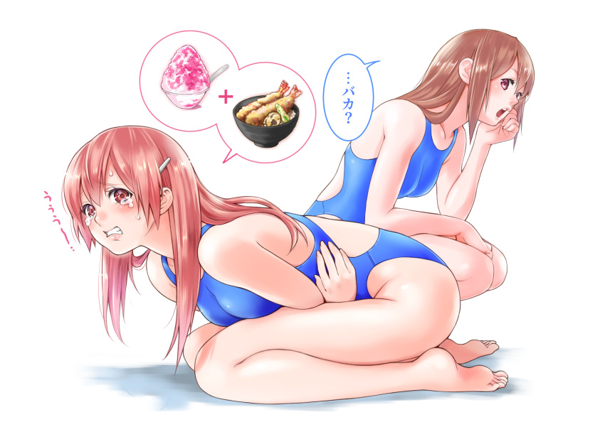 2girls barefoot blue_swimsuit brown_eyes brown_hair clenched_teeth commentary_request competition_swimsuit food full_body highres long_hair macosee multiple_girls one-piece_swimsuit open_mouth original seiza shaved_ice shrimp shrimp_tempura simple_background sitting speech_bubble squatting stomachache swimsuit tears teeth tempura white_background