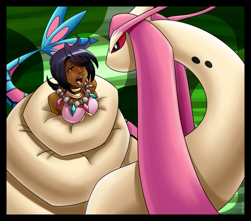 absurd_res blush clothing coiled_up coiling hi_res human island_kahuna_olivia mammal milotic nintendo pok&eacute;mon pok&eacute;mon_(species) spiderweber video_games