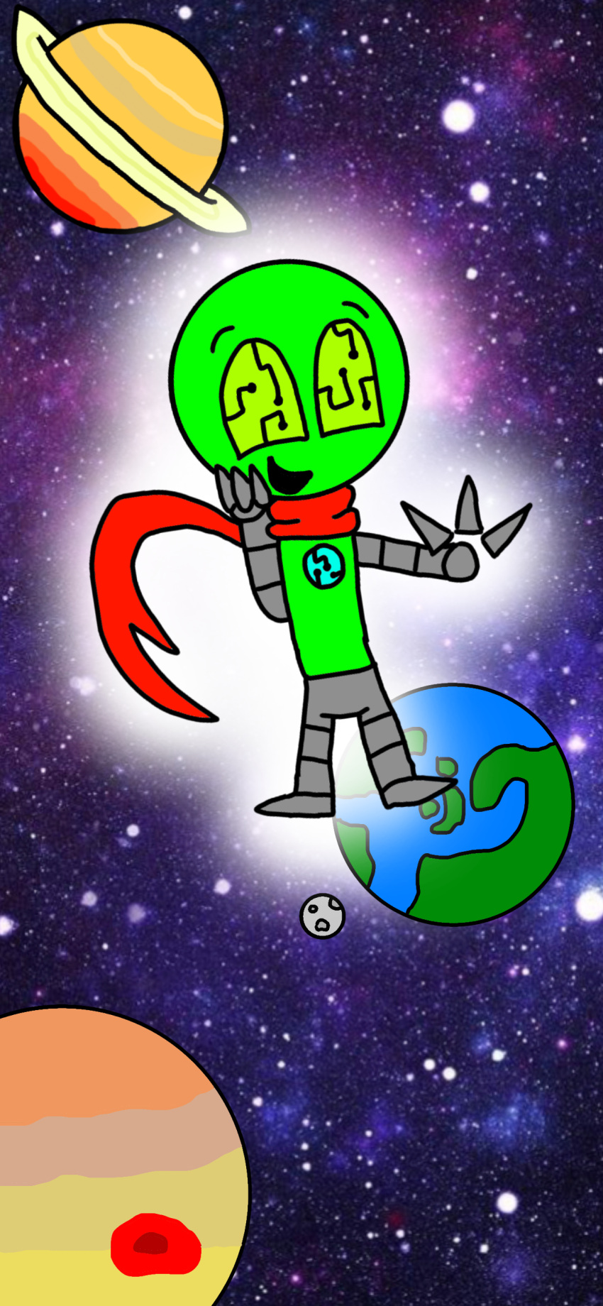 absurd_res earth entity galaxy green_body green_eyes happy hi_res humanoid jupiter_(planet) kyle male moon not_furry robotic_limbs saturn_(planet) scarf solo space star