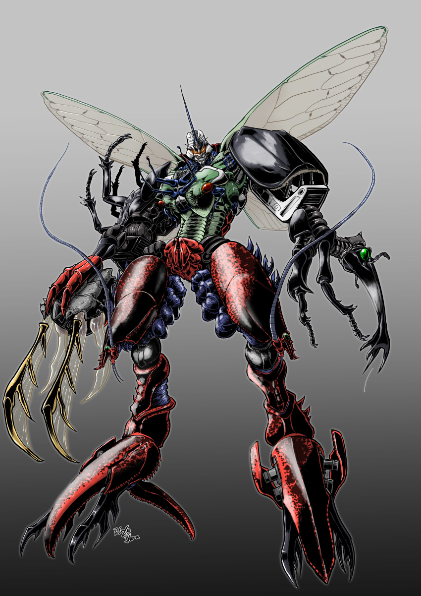 absurdres antennae asymmetrical_armor asymmetrical_arms beast_wars beast_wars_ii beetle bug cicada claws gattai highres insect insect_wings lobster maximal mecha oohara_tetsuya orange_eyes organic rhinoceros_beetle sharp_teeth signature teeth transformers tripredacus white_background wings