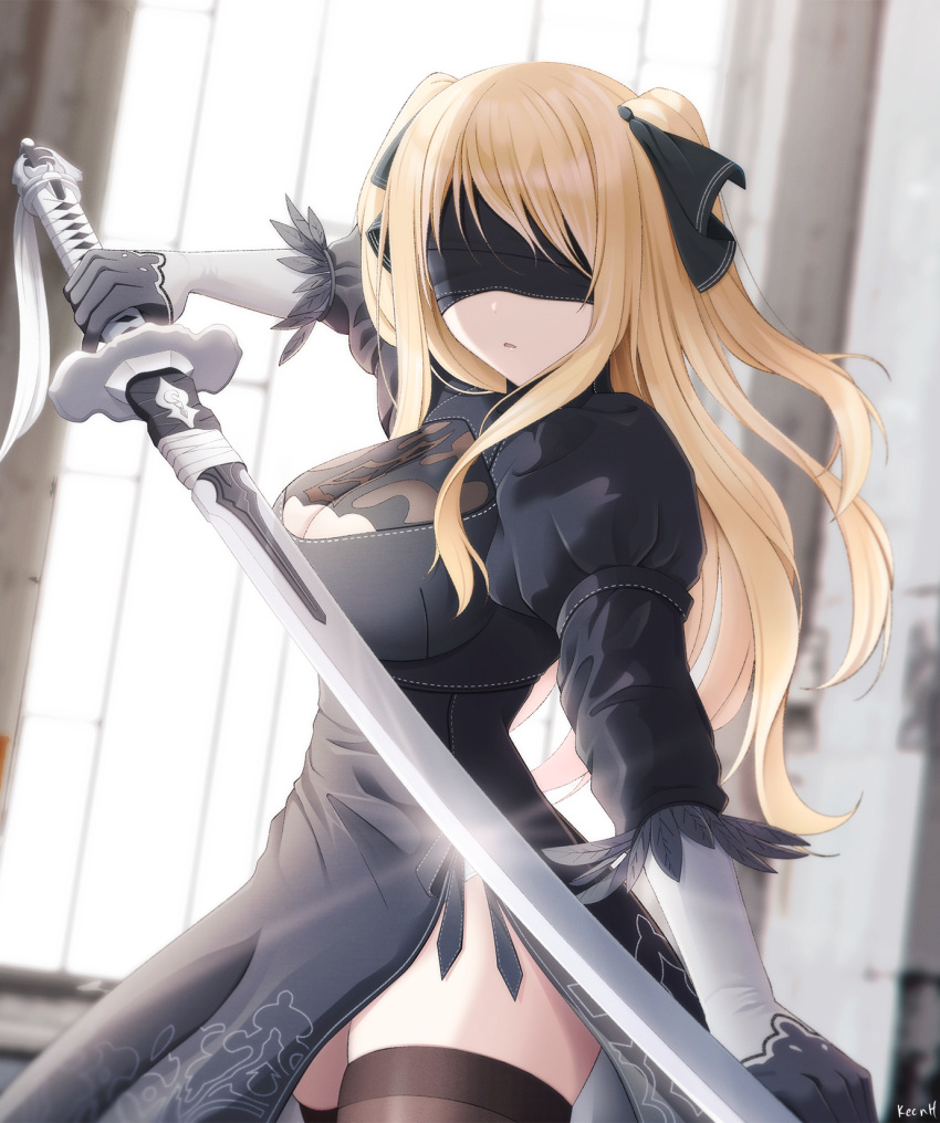 1girl ao_no_kanata_no_four_rhythm artist_name bangs black_blindfold black_dress black_gloves black_legwear black_ribbon blindfold blonde_hair breasts cosplay covered_eyes dress elbow_gloves from_side gloves hair_ribbon highres holding holding_sword holding_weapon keenh large_breasts long_hair long_sleeves looking_to_the_side nier_(series) nier_automata parted_lips puffy_sleeves ribbon satouin_reiko side_slit solo sword thighhighs two_side_up weapon yorha_no._2_type_b yorha_no._2_type_b_(cosplay)