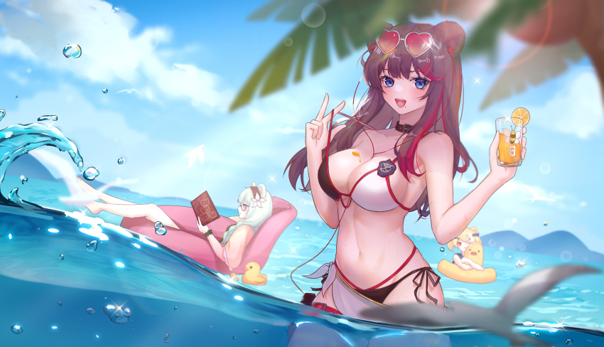 3girls :d absurdres animal_ears arknights bangs bare_arms bare_shoulders barefoot bear_ears bikini black_bikini black_choker black_hair blonde_hair blue_hair blue_sky book breasts chinese_commentary choker cloud commentary_request cowboy_shot cup day drinking_glass earbuds earphones eyewear_on_head gummy_(arknights) hands_up heart heart-shaped_eyewear highres holding holding_book holding_cup huge_filesize istina_(arknights) large_breasts long_hair looking_at_viewer multicolored multicolored_bikini multicolored_clothes multicolored_hair multiple_girls navel open_mouth outdoors red_eyes red_hair rubber_duck sanle sky smile standing stomach streaked_hair sunglasses swimsuit two-tone_bikini w wading water white_bikini zima_(arknights)