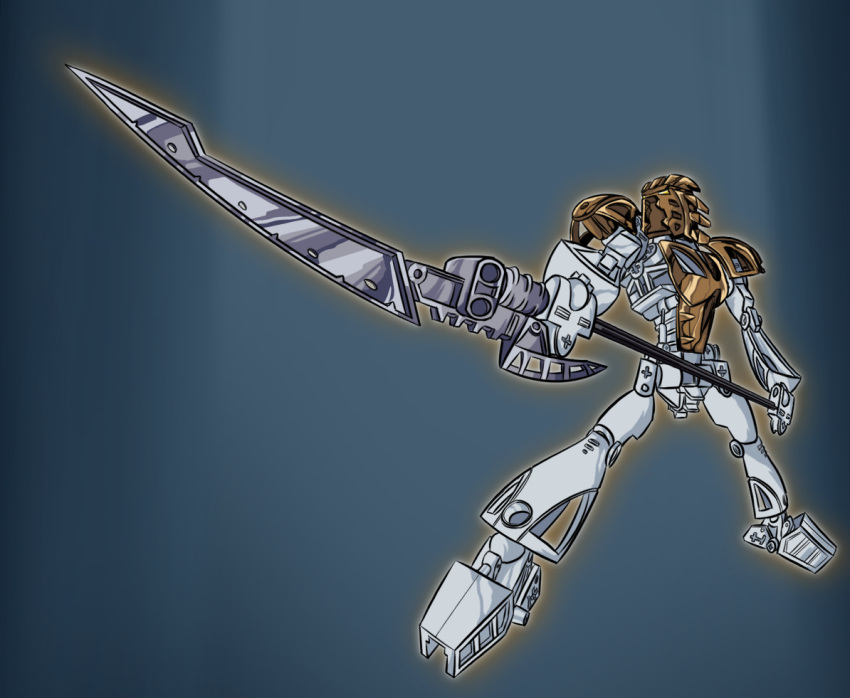 2021 ambiguous_gender armor bionicle canni_can digital_drawing_(artwork) digital_media_(artwork) fingerless gold_body holding_object holding_weapon humanoid lego machine mask melee_weapon mouthless multicolored_body not_furry polearm robot simple_background solo spear standing takanuva toa two_tone_body weapon white_body yellow_eyes