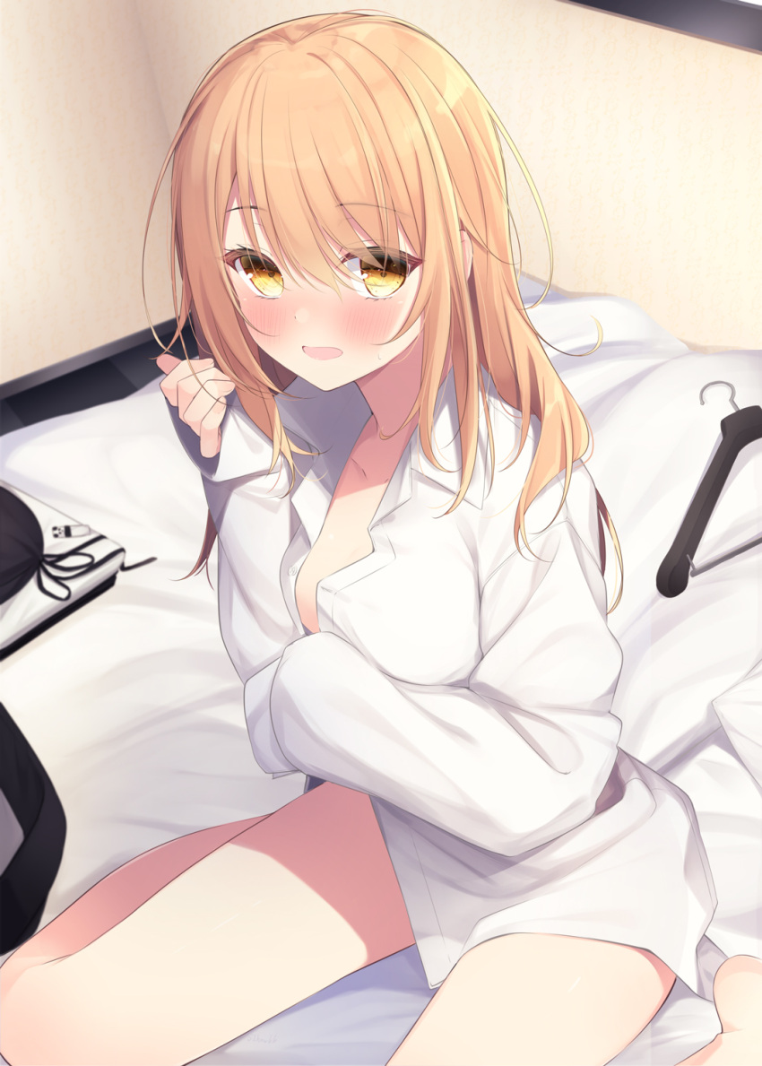 1girl bed blonde_hair blush breasts cleavage collared_shirt embarrassed highres indoors long_hair long_sleeves looking_at_viewer on_bed open_mouth original sasahara_wakaba shirt sitting sitting_on_bed solo unbuttoned wariza white_shirt yellow_eyes