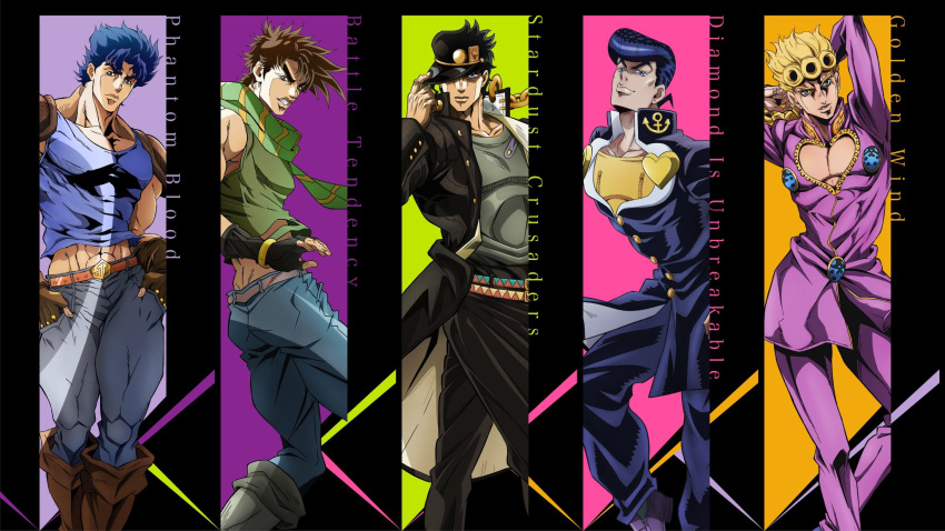 5boys artist_request battle_tendency black_gloves black_hair blonde_hair blue_eyes blue_hair brown_hair clothing_cutout copyright_name diamond_wa_kudakenai english_text fingerless_gloves giorno_giovanna gloves happy hat heart_cutout higashikata_josuke highres jojo_no_kimyou_na_bouken jojo_pose jonathan_joestar joseph_joestar joseph_joestar_(young) kujo_jotaro looking_at_viewer multiple_boys official_art phantom_blood pompadour pose scarf serious shirt short_hair smile standing stardust_crusaders vento_aureo wallpaper