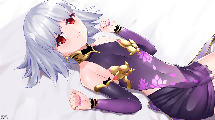 1girl absurdres armlet armor bangs bare_shoulders bikini_armor blush bracelet breasts collar covered_navel detached_sleeves dress earrings fate/grand_order fate_(series) floral_print highres jewelry kama_(fate) karenn looking_at_viewer lying metal_collar miniskirt on_back pelvic_curtain purple_dress purple_skirt purple_sleeves red_eyes ring short_hair silver_hair skirt small_breasts smile thighs