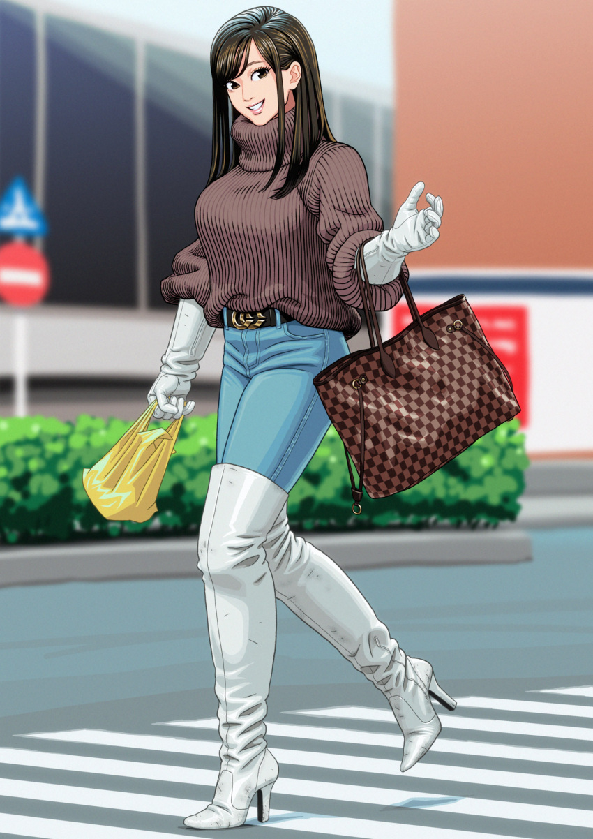 1girl bag blue_pants boots brown_hair crosswalk denim enkaboots gloves handbag hedge_(plant) high_heel_boots high_heels highres jeans long_hair looking_at_viewer original outdoors pants pants_tucked_in plastic_bag road_sign sign smile solo sweater thigh_boots thighhighs turtleneck turtleneck_sweater walking white_footwear white_gloves yellow_bag