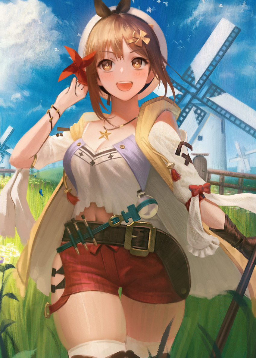 1girl :d atelier_(series) atelier_ryza bangs belt belt_buckle beret blue_sky blush bow breasts brown_eyes brown_gloves brown_hair buckle cleavage cowboy_shot day eyebrows_visible_through_hair fence gloves hair_ornament hairclip hat highres jewelry large_breasts long_sleeves looking_at_viewer meadow navel necklace open_clothes open_mouth open_vest outdoors red_bow red_shorts reisalin_stout round-bottom_flask shirt short_hair short_shorts shorts single_glove sky smile solo tassel thaumazo thigh_gap thighhighs vest white_headwear white_legwear white_shirt windmill wristband yellow_vest