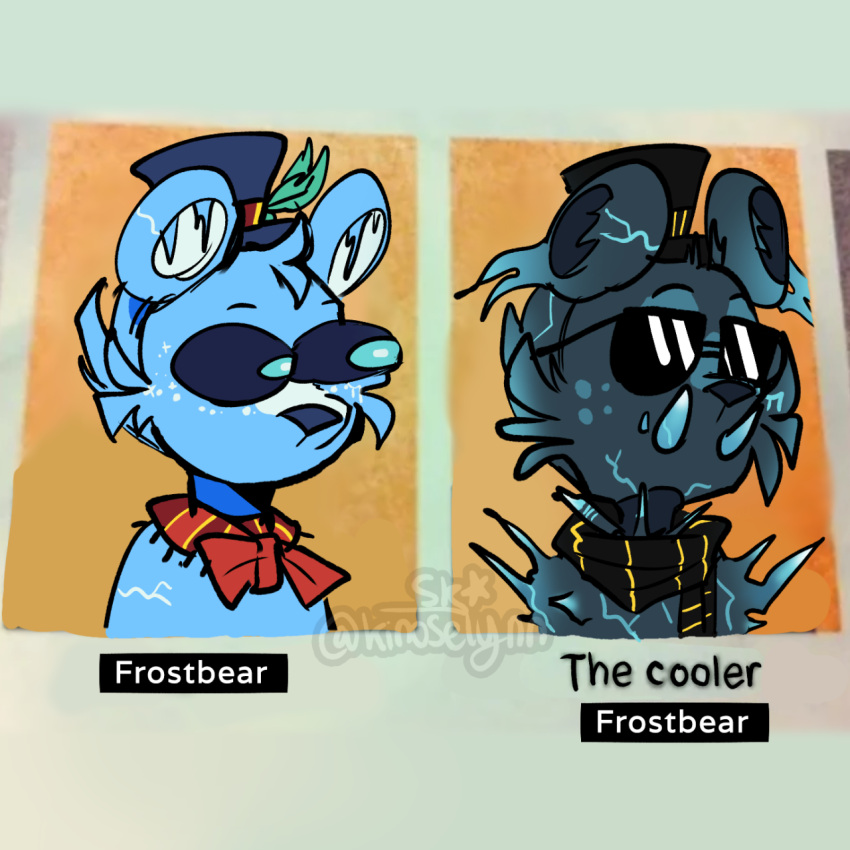 2020 anthro big_ears big_eyes black_ice_frostbear blue_body blue_eyes blue_fur blue_sclera bow_tie close-up clothed clothing duo english_text eyewear five_nights_at_freddy's five_nights_at_freddy's_ar freddy_frostbear fur glasses grey_body grey_fur grey_nose hat headgear headwear hi_res humor ice icicle kinoselynn looking_aside looking_away male mammal meme multicolored_body multicolored_fur o_o orange_background portrait round_ears scarf simple_background sunglasses text the_cooler_daniel top_hat ursid video_games wide_eyed
