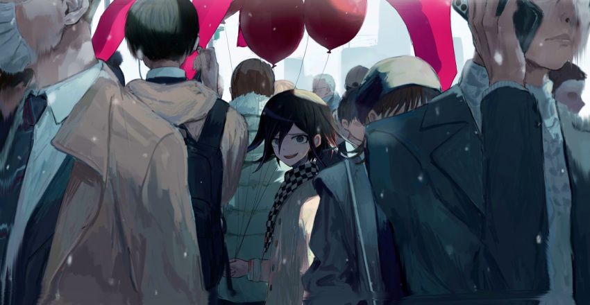 6+boys :d balloon bangs black_hair brown_coat checkered checkered_scarf coat collared_shirt commentary_request danganronpa_(series) danganronpa_v3:_killing_harmony earphones from_side grey_hair grey_sweater hair_between_eyes hat highres holding holding_balloon iumi_urura jacket long_sleeves looking_at_viewer male_focus mask mouth_mask multiple_boys necktie open_clothes open_jacket open_mouth ouma_kokichi outdoors people purple_eyes scarf shirt short_hair smile solo_focus straitjacket sweater upper_teeth