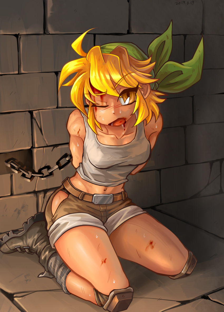 1girl absurdres bangs blonde_hair blood blood_from_mouth blood_on_face boots bound brown_shorts chain chained chained_wrists collarbone eyebrows_visible_through_hair green_bandana highres hip_vent indoors injury kasamoto_eri knee_pads long_hair looking_at_viewer metal_slug navel one_eye_closed sasisage seiza short_shorts shorts sitting solo tank_top white_tank_top yellow_eyes