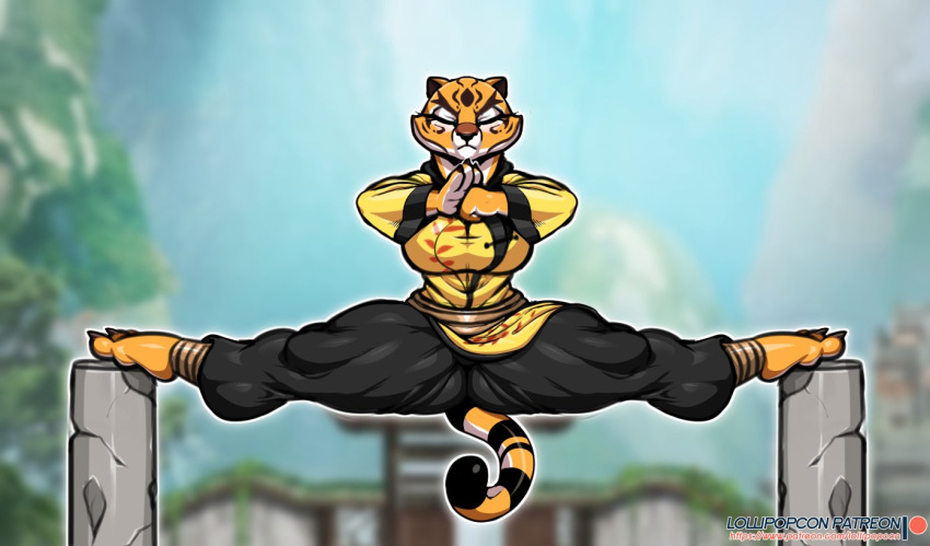 4_fingers anthro asian_clothing barefoot chinese_clothing clothing dreamworks east_asian_clothing eyes_closed feet felid female fingers flexible focused kung_fu_panda lollipopcon mammal master_tigress outside pantherine patreon solo splits spread_legs spreading striped_tail stripes text tiger url