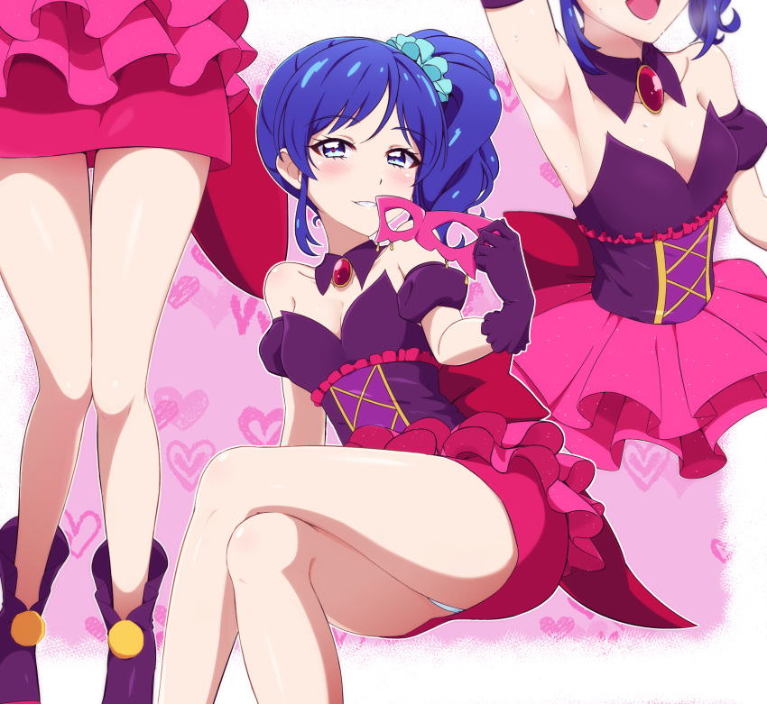 1girl :d acchi_(koiyimknp) aikatsu! aikatsu!_(series) arm_up armpits bare_shoulders blue_eyes blue_hair blue_scrunchie blush boots border breasts breath brooch cleavage collar commentary_request cowboy_shot crossed_legs detached_collar detached_sleeves dress frilled_dress frills gem gloves grin head_out_of_frame heart heart-shaped_pupils heart_background highres holding holding_mask idol jewelry kiriya_aoi long_hair looking_at_viewer lower_body mask medium_breasts multicolored multicolored_clothes multicolored_dress multiple_views open_mouth outside_border panties pantyshot pink_background pink_dress pom_pom_(clothes) purple_collar purple_dress purple_footwear purple_gloves scrunchie shiny shiny_hair shiny_skin short_sleeves side_ponytail smile solo steam sweat symbol-shaped_pupils thighs underwear white_border white_panties