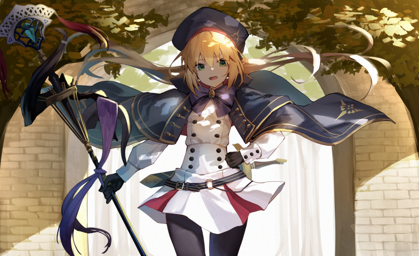 artoria_pendragon_(caster) blonde_hair cape fate/grand_order fate_(series) green_eyes hat long_hair pantyhose ponytail staff yuuuuu