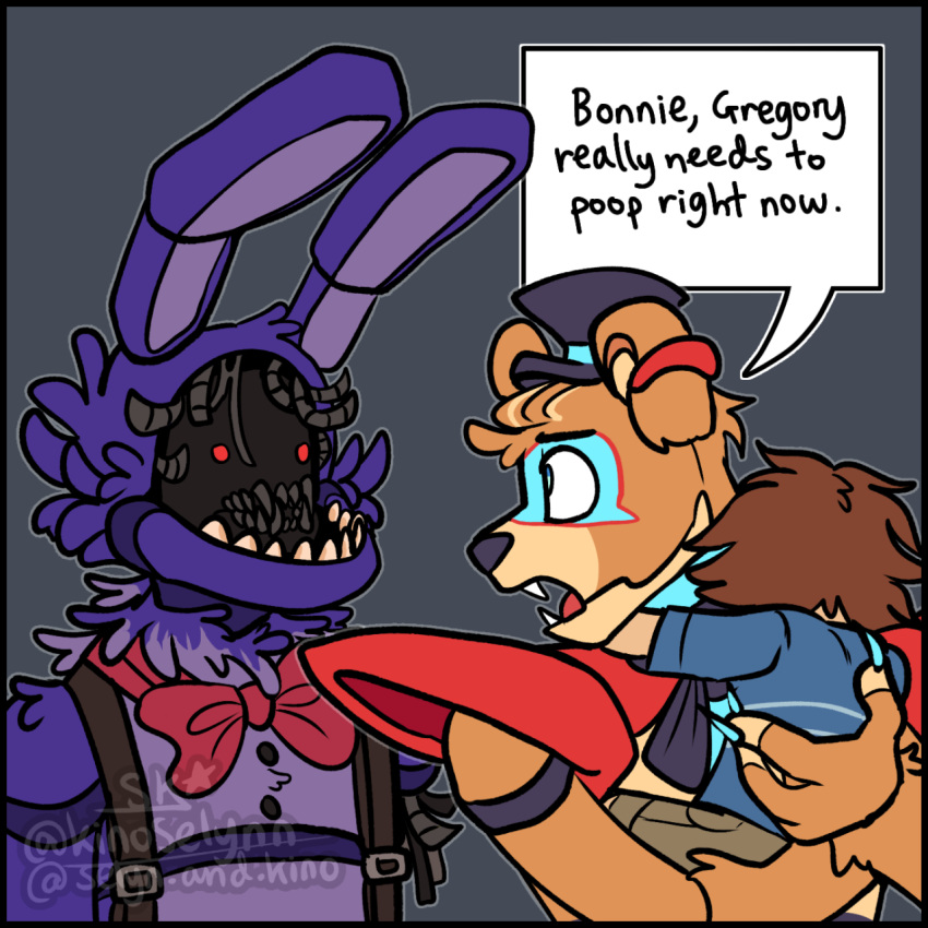 1_arm 2021 animatronic anthro big_ears blue_eyes bodypaint bottomwear bow_tie brown_body brown_fur brown_hair close-up clothed clothing dialogue dialogue_box ear_piercing ear_ring english_text eye_contact face_paint faceless_character faceless_male fangs five_nights_at_freddy's five_nights_at_freddy's:_security_breach five_nights_at_freddy's_2 fur glamrock_freddy_(fnaf) gregory_(fnaf) grey_background group hair hat headgear headwear hi_res human humor kinoselynn lagomorph leporid long_ears looking_aside looking_at_another machine male mammal multicolored_body multicolored_fur open_mouth overalls piercing portrait purple_body purple_fur purple_nose rabbit red_eyes robot rockstar round_ears sharp_teeth shirt short_hair shorts shoulder_guards simple_background tan_body tan_fur tan_skin teeth text tongue top_hat topwear two_tone_body two_tone_fur ursid video_games wire withered_bonnie_(fnaf)