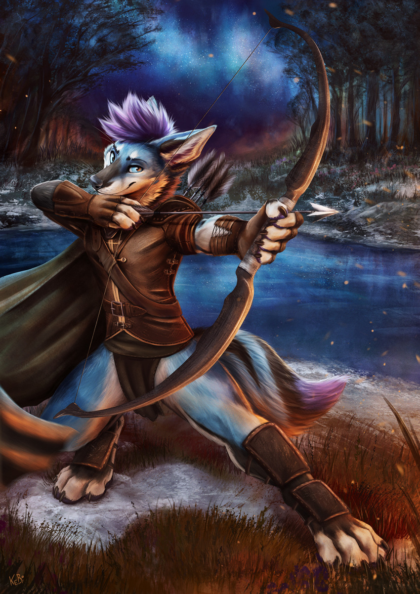 2021 action_pose anthro blue_body blue_fur bow_(weapon) canid canine clothed clothing detailed fur hi_res kebi light lighting male mammal outside plant pose ranged_weapon shaded smile solo standing tree water weapon whiskers white_body white_fur