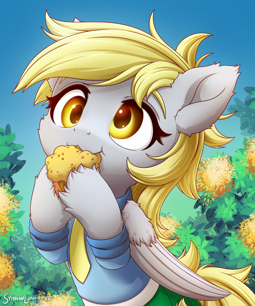 2021 absurd_res blonde_hair clothed clothed_feral clothing derp_eyes derpy_hooves_(mlp) digital_media_(artwork) equid equine eyelashes feathered_wings feathers female feral food friendship_is_magic hair hasbro hi_res holding_food holding_object mammal muffin my_little_pony necktie nom pegasus shirt solo symbianl topwear wings yellow_eyes