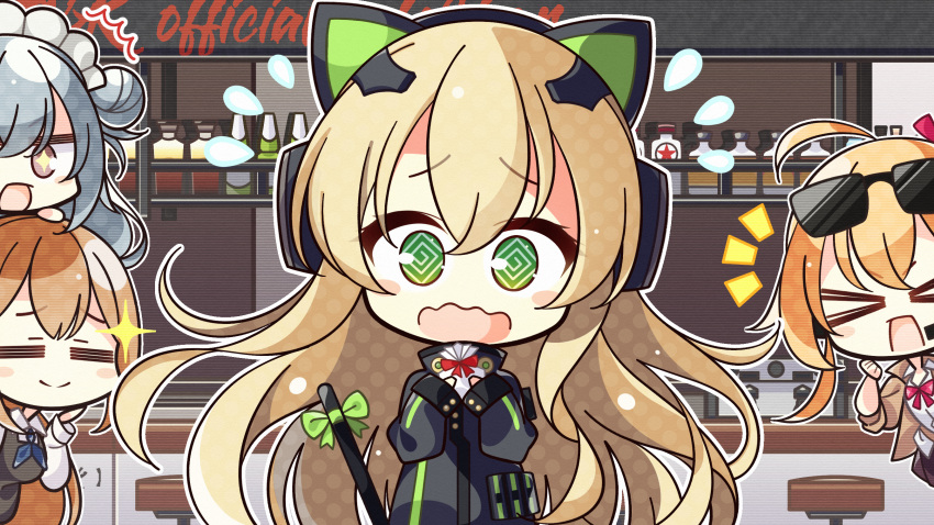 &gt;_&lt; +_+ 4girls 7:08 animal_ears bangs blonde_hair blush blush_stickers brown_hair cafe cat_ear_headphones chair character_request cheering chibi closed_eyes commentary_request embarrassed eyebrows_visible_through_hair eyewear_on_head fake_animal_ears gift girls_frontline green_eyes hair_between_eyes hair_ornament hair_ribbon headphones highres holding holding_gift kalina_(girls_frontline) long_hair long_sleeves looking_at_viewer m1903_springfield_(girls_frontline) multiple_girls open_mouth orange_hair ribbon sidelocks smile star_(symbol) sunglasses table tail tail_ornament tmp_(girls_frontline) upper_body