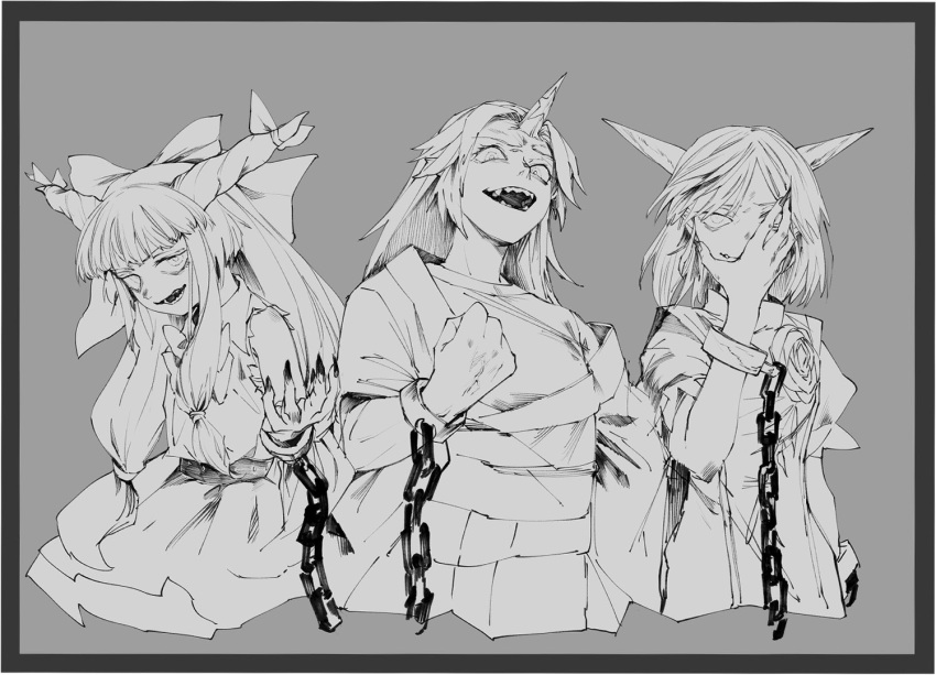3girls amayadori-tei bangs belt bow breasts chain clenched_hand commentary_request cowboy_shot cropped_legs cuffs evil_eyes evil_smile eyebrows_behind_hair fingernails flower frown grey_background greyscale hair_bow hand_on_own_face hand_up horn_ornament horn_ribbon horns hoshiguma_yuugi ibaraki_douji's_arm ibuki_suika long_fingernails long_hair looking_at_viewer low_tied_hair monochrome multiple_girls neckerchief off_shoulder oni oni_horns open_mouth parted_bangs pointy_ears puffy_short_sleeves puffy_sleeves ribbon shackles sharp_fingernails sharp_teeth shirt short_hair short_sleeves side-by-side sidelocks simple_background single_horn skirt sleeveless sleeveless_shirt smile sneer star_(symbol) tabard teeth torn_clothes torn_sleeves touhou veins wrist_cuffs