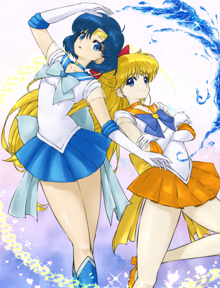 2girls :o absurdres aino_minako back_bow bishoujo_senshi_sailor_moon blonde_hair blue_bow blue_eyes blue_footwear blue_hair blue_neckwear blue_sailor_collar blue_skirt boots bow brooch choker circlet closed_mouth cowboy_shot elbow_gloves gloves hair_bow highres huge_filesize hydrokinesis inner_senshi jewelry knee_boots long_hair looking_at_viewer magical_girl memory_(prophet5) mizuno_ami multiple_girls open_mouth orange_footwear orange_neckwear orange_sailor_collar orange_skirt pleated_skirt purple_background red_bow sailor_collar sailor_mercury sailor_senshi sailor_venus shoes short_hair skirt smile star_(symbol) star_choker super_sailor_mercury super_sailor_venus venus_love_me_chain water white_gloves yellow_bow