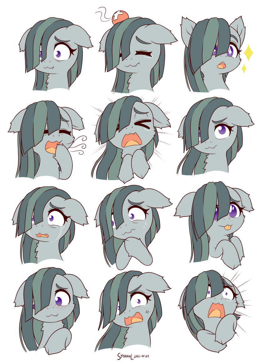 2021 absurd_res angry blep blush bodily_fluids cross-popping_vein crying cute_fangs digital_media_(artwork) earth_pony equid equine eyes_closed fangs female feral friendship_is_magic grey_hair hair hair_over_eye hasbro hi_res horse mammal marble_pie_(mlp) multicolored_hair my_little_pony one_eye_obstructed open_mouth pivoted_ears pony purple_eyes simple_background smile solo symbianl tears tongue tongue_out two_tone_hair white_background yawn