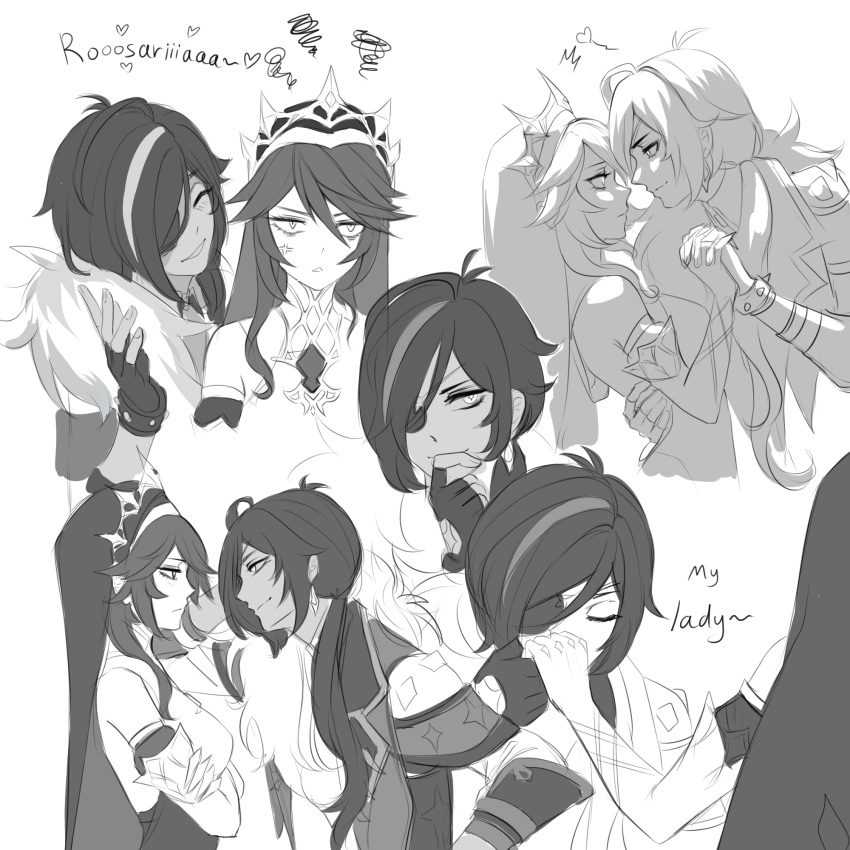 1boy 1girl anger_vein annoyed character_name closed_eyes earrings eye_contact eyepatch face-to-face genshin_impact gloves greyscale hand_kiss heart hetero highres holding_hands interlocked_fingers jewelry kaeya_(genshin_impact) kiss long_hair looking_at_another low_ponytail monochrome rosaria_(genshin_impact) smile vihoreva-dasha