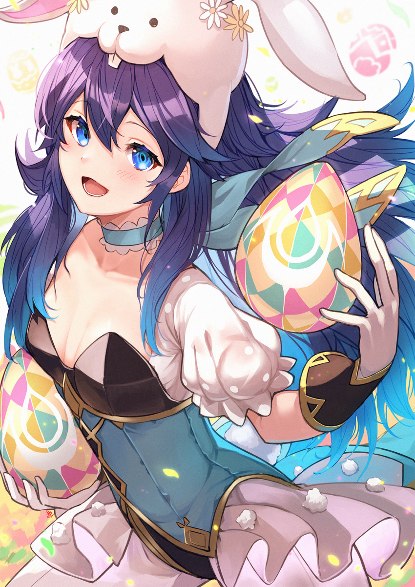 1girl animal_ears blue_eyes blue_hair blue_neckwear blush breasts bunny_ears bunny_tail choker cleavage commentary_request easter_egg egg fake_animal_ears fire_emblem fire_emblem_awakening fire_emblem_heroes frilled_choker frills gloves gold_trim highres leotard long_hair lucina_(fire_emblem) lucina_(spring)_(fire_emblem) microskirt mixed-language_commentary nakabayashi_zun open_mouth pantyhose playboy_bunny puffy_short_sleeves puffy_sleeves short_sleeves skirt small_breasts smile solo symbol_in_eye tail white_gloves white_legwear