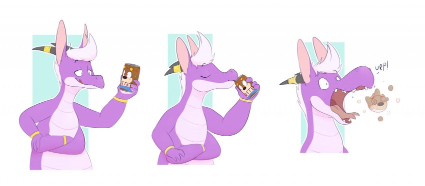 4_arms anthro better_version_at_source beverage beverage_can blue_background bubble burping crossed_arms dragon drinking duo duo_focus ears_up eyes_closed fauvfox fur group hair horn hybrid jewelry magenta_scales mammal multi_arm multi_limb purple_body purple_scales scales scalie simple_background soda teeth tongue ursid white_body white_fur white_hair wristband